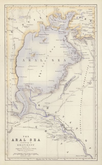 Mapa: O Mar de Aral, segundo Khanikoff, desenhado por Augustus Petermann (litografia a cores) de English School