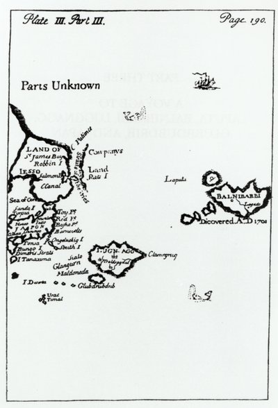 Mapa da Gullivers Travels por Jonathan Swift (1667-1745) de English School