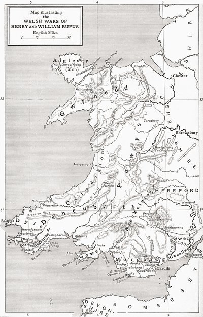 Mapa ilustrando as guerras galesas de William Rufus e Henry I, de "Uma Breve História do Povo Inglês", de JR Green, publicado em 1893 de English School