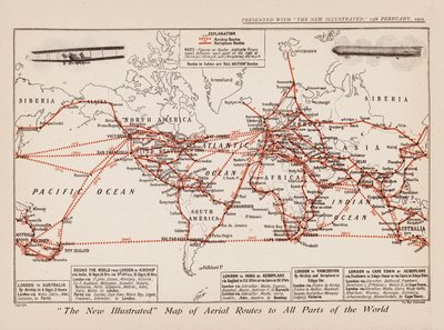 Mapa das rotas aéreas para todas as partes do mundo (litografia a cores) de English School