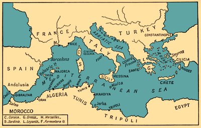 Mapa da pirataria antiga e dos corsários da Barbária, de "History of Piracy" de Philip Gosse de English School