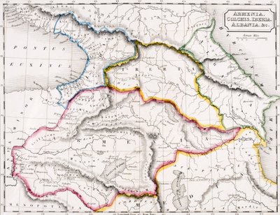 Mapa da Arménia, Cólquida, Península Ibérica e Albânia, de "O Atlas da Geografia Antiga", de Samuel Butler, publicado em Londres, c.1829 (cor lito) de English School
