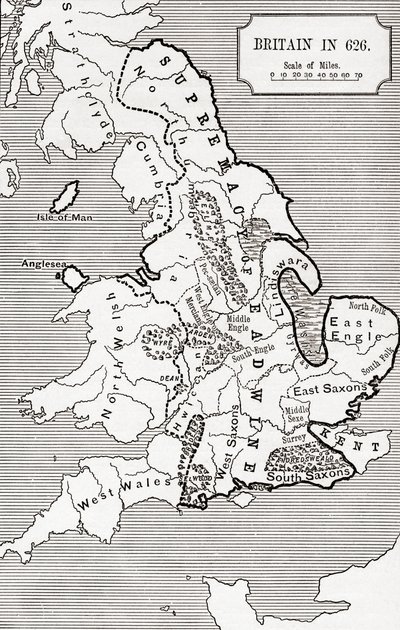Mapa da Grã-Bretanha em 626, do Reino da Nortúmbria 588 a 685 em &39;Uma Breve História do Povo Inglês&39; por JR Green, publicado em 1893 de English School