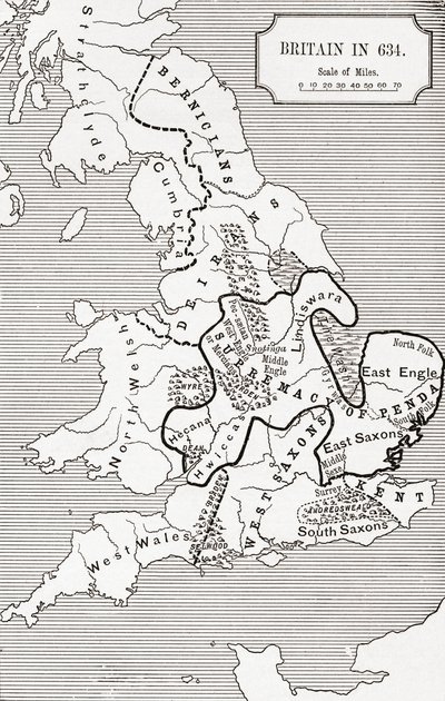 Mapa da Grã-Bretanha em 634, do Reino da Nortúmbria 588 a 685 em &39;Uma Breve História do Povo Inglês&39; por JR Green, publicado em 1893 de English School