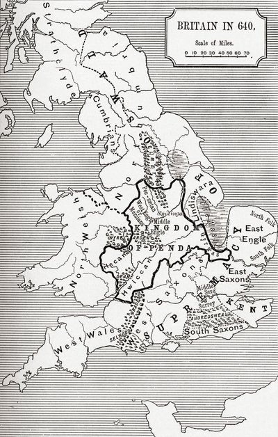 Mapa da Grã-Bretanha em 640, do Reino da Nortúmbria em &39;Uma Breve História do Povo Inglês&39; por JR Green, publicado em 1893 de English School