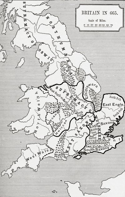 Mapa da Grã-Bretanha em 665, do Reino da Nortúmbria 588 a 685 em &39;Uma Breve História do Povo Inglês&39; por JR Green, publicado em 1893 de English School