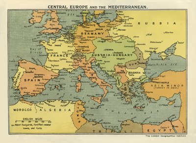 Mapa da Europa Central e do Mediterrâneo, de "The History of the Great European War, Vol. III" (impresso) de English School