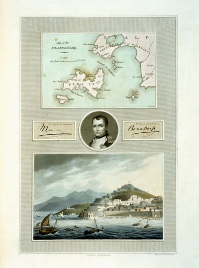 Mapa de Elba e vista de Porto Ferraio com retrato de Napoleão e fac-símile de sua assinatura, 1815 (gravura a cores) de English School