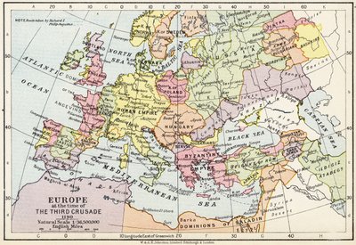 Mapa da Europa na época da Terceira Cruzada, 1190, de &39;Historical Atlas&39;, publicado por W. und AK Johnston Limited, 1911 de English School
