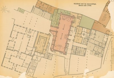 Mapa de Guildhall, Londres e arredores cerca de 1750 de English School