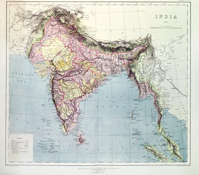 Mapa da Índia, publicado sob a direção do Coronel HR Thuillier, RE, Surveyor General of India, 1877 de English School