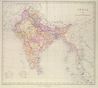 Mapa da Índia, publicado sob a direção do Coronel HR Thuillier, RE, Surveyor General of India, 1882 de English School