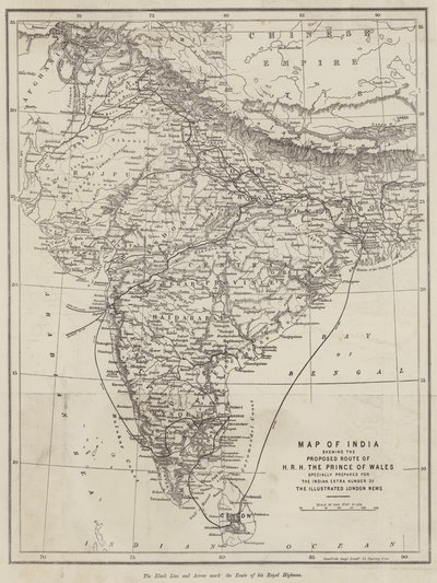 Mapa da Índia mostrando a Proposta de Rota de HRH o Príncipe de Gales (gravura) de English School