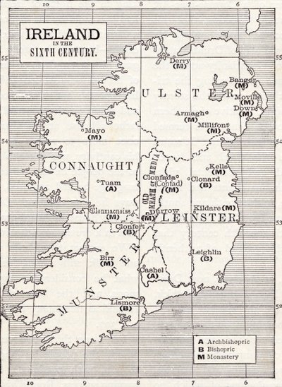 Mapa da Irlanda no século VI, do livro "A Igreja da Inglaterra: Uma História para o Povo", publicado em 1910 de English School