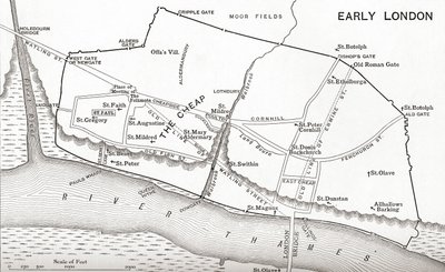 Mapa de Londres no século 11, de "Uma Breve História do Povo Inglês" por JR Green, publicado em 1893 de English School