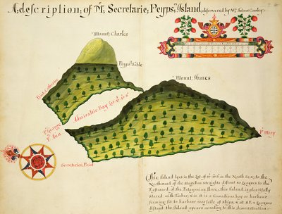 Mapa de Secretaire e Pepys Islands no Estreito de Magalhães, c.1628 (caneta, tinta e aguarela sobre papel) de English School