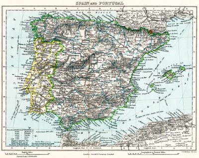 Mapa de Espanha e Portugal da Galeria de Geografia de Milner, c.1872 (litografia a cores) de English School