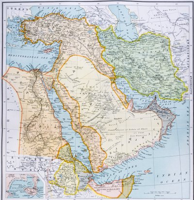 Mapa da Turquia, Oriente Médio Chifre da África e Golfo Pérsico na década de 1890, do Atlas do Mundo do Cidadão, publicado em Londres, c.1899 de English School