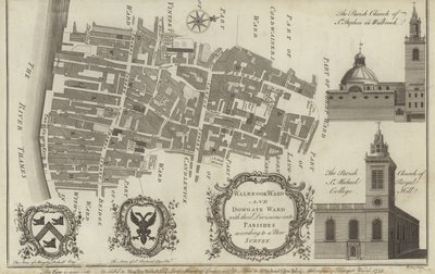 Mapa de Walbrook Ward e Dowgate Ward, Londres de English School
