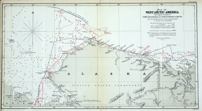 Mapa da América do Ártico Oeste mostrando as trilhas do HMS Enterprise and Investigator em 1850-1854 de English School