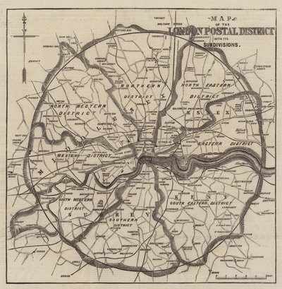 Mapa dos distritos postais de Londres (gravura) de English School