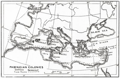 Mapa das colónias fenícias e das suas rotas comerciais mediterrânicas de English School
