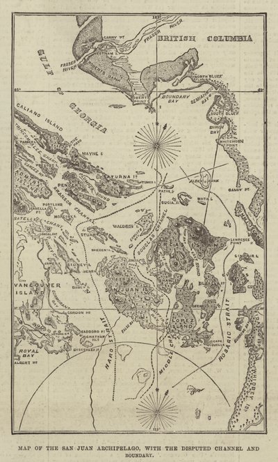 Mapa do Arquipélago de San Juan, com o Canal Disputado e o Limite (gravação) de English School