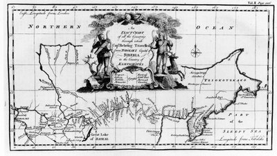Mapa da rota percorrida por Vitus Bering (1681-1741) pela Sibéria até Kamchatka, do Navigantium atque Itinerantium Bibliotheca, publicada em 1744 de English School