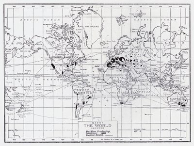 Mapa do mundo mostrando os países produtores de vinho (litho) de English School