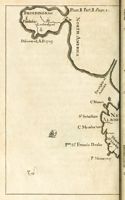 Mapa mostrando a localização de Brobdingnag da primeira edição de Viagens para Várias Nações Remotas do Mundo, melhor conhecida como Gullivers Travels por Jonathan Swift de English School