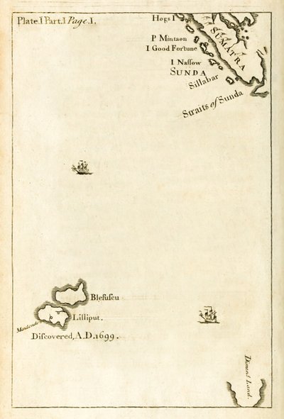 Mapa mostrando a localização de Lilliput da primeira edição de Viagens para Várias Nações Remotas do Mundo, melhor conhecida como Gullivers Travels por Jonathan Swift de English School
