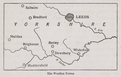 Mapa mostrando as Woollen Towns of Yorkshire (litho) de English School