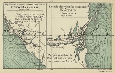 Mapa com a posição do Reino de Ely em Malabar, esboço com a posição de Kayal em Tinnevelly (litografia a cores) de English School
