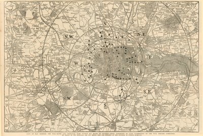 Mapa mostrando as portagens e principais bares dentro de 6 milhas de Charing Cross, exibido a Lord Palmerston pelo Comitê de Reforma de Pedágio de English School