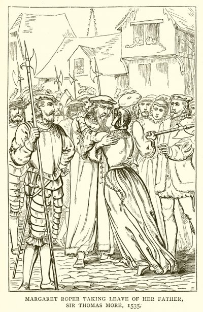Margaret Roper tomando licença de seu pai, Sir Thomas More, 1535 de English School