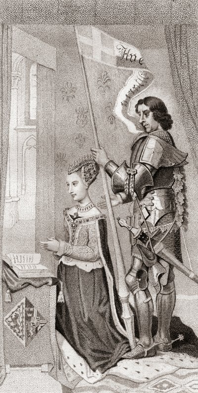 Margaret da Dinamarca com St. Canute, padroeira da Dinamarca, atrás dela segurando uma faixa mostrando a cruz das cruzadas. Margaret da Dinamarca de English School