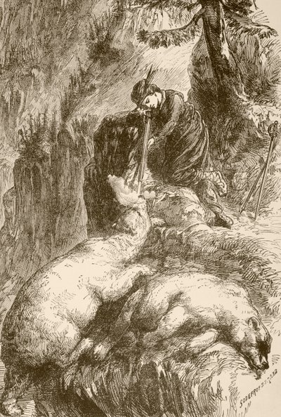 Marguerite de Roberval mata dois ursos na Ilha dos Demónios, ao largo da Terra Nova (litografia) de English School