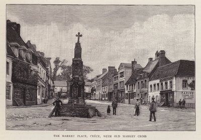 Mercado, Crecy, França, com a velha cruz de mercado (litho) de English School