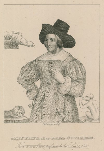 Mary Frith, também conhecida como Moll Curpurse, de uma impressão rara prefixada à sua vida, 1662 de English School