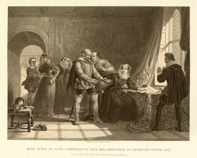 Mary Queen of Scots obrigada a assinar sua abdicação no Castelo de Lochleven de English School