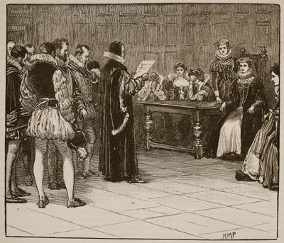 Maria, rainha dos escoceses recebendo intimação de sua desgraça, ilustração da história ilustrada de Cassells da Inglaterra (foto sépia) de English School