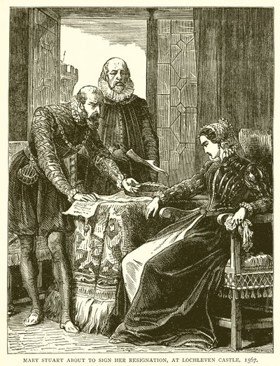 Mary Stuart sobre Assinar sua renúncia, em Lochleven Castle, 1567 de English School