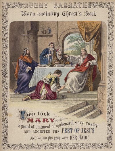 Maria unção dos pés de Cristo (gravura colorida) de English School