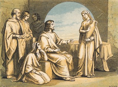 Maria aos pés de Jesus (gravura colorida) de English School