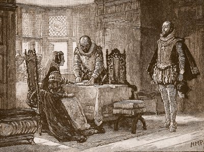 Mary, assinando o ato de abdicação no Castelo de Lochleven, ilustração da história ilustrada de Cassells da Inglaterra (foto sépia) de English School