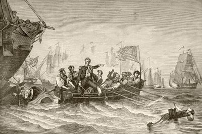 Transferência do comandante Oliver Hazard Perry do brigue americano Lawrence para o brigue americano Niagra durante a Batalha do Lago Erie (litografia) de English School