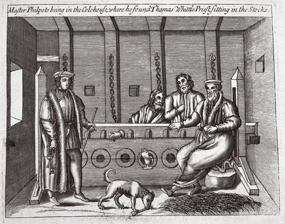 Master Philpots estava no Colehouse, onde encontrou Thomas Whittle, padre, sentado nos estoques, ilustração de Atos e Monumentos de John Foxe, nona edição, pub. 1684 de English School