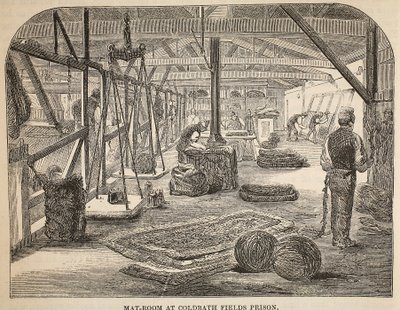 Mat-room na prisão de Coldbath Fields, ilustração das prisões criminais de Londres e cenas de prisão de vida por Henry Mayhew e John Binny, pub. 1862 de English School