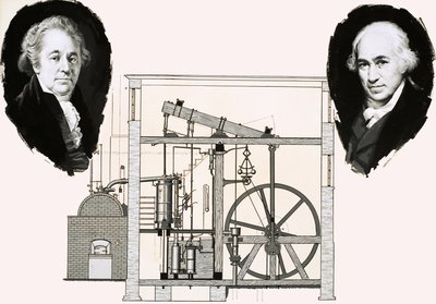 Matthew Boulton e James Watt com um dos motores a vapor patenteados de English School