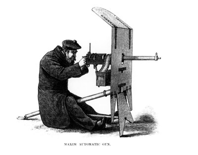 Maxim Automatic Gun, uma metralhadora de recuo patenteada por Hiram Stevens Maxim (1840-1916) em 1882 de English School